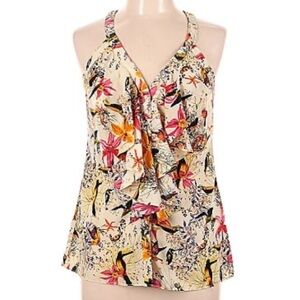 Banana Republic Bird & Floral Print Button Front Ruffle Trim Sleeveless Blouse